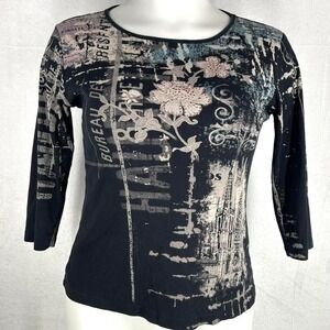Katina Marie XL Black Graphic Art Top 3/4 Sleeve Floral Paris Cotton USA Made